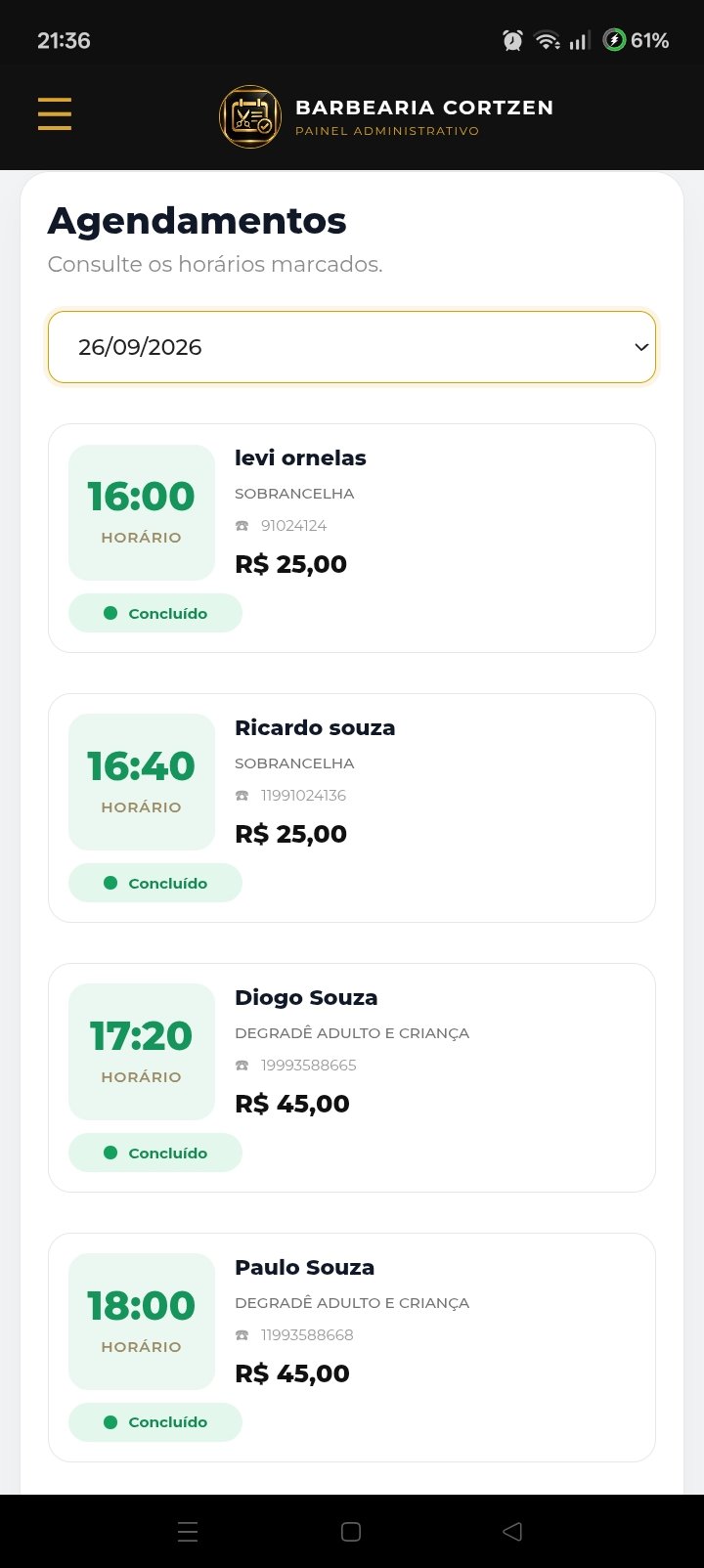 Tela de agendamentos do Cortzen