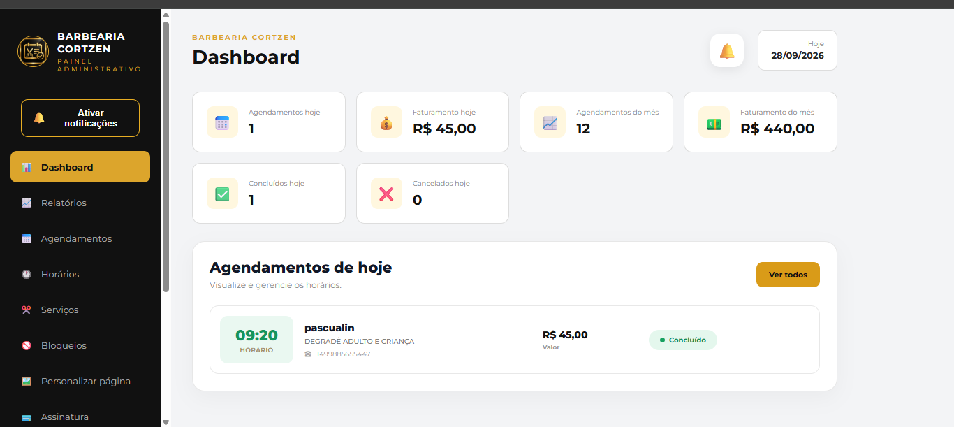 Painel administrativo Cortzen no computador